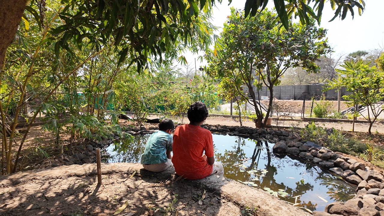 Two brothers beside a pond